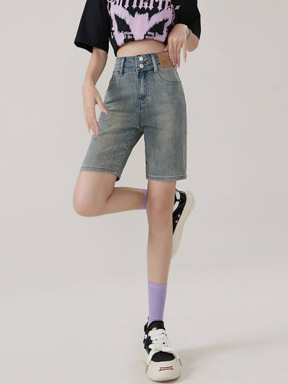 Denim hexal pants women's pants pants summer thin mid -pants high waist thin horse pants straight pants pants elastic cycling shorts