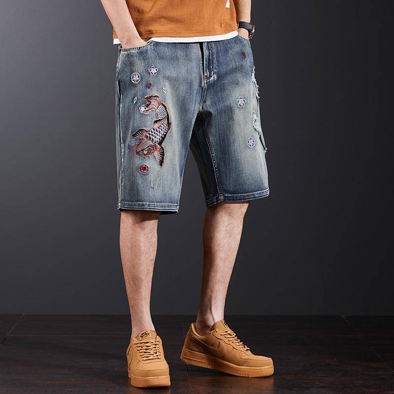 Guo Chao Large Denim in the pants men's puzzle five -point pants koi embroidery half -trousers elastic beggar casual horse pants