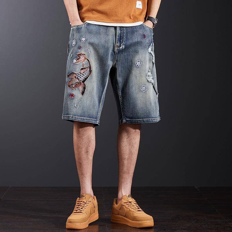 Guo Chao Large Denim in the pants men's puzzle five -point pants koi embroidery half -trousers elastic beggar casual horse pants