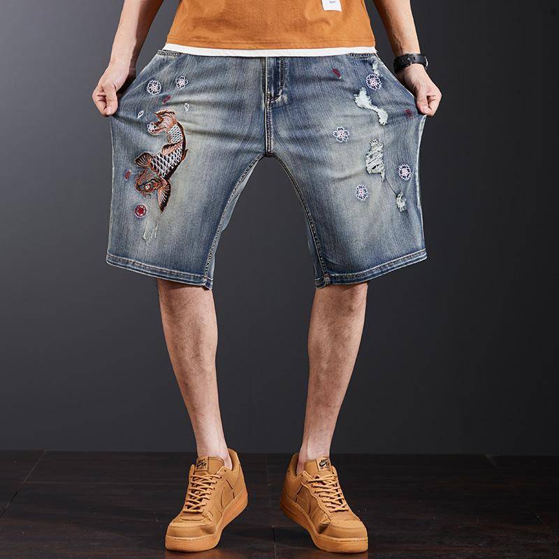 Guo Chao Large Denim in the pants men's puzzle five -point pants koi embroidery half -trousers elastic beggar casual horse pants