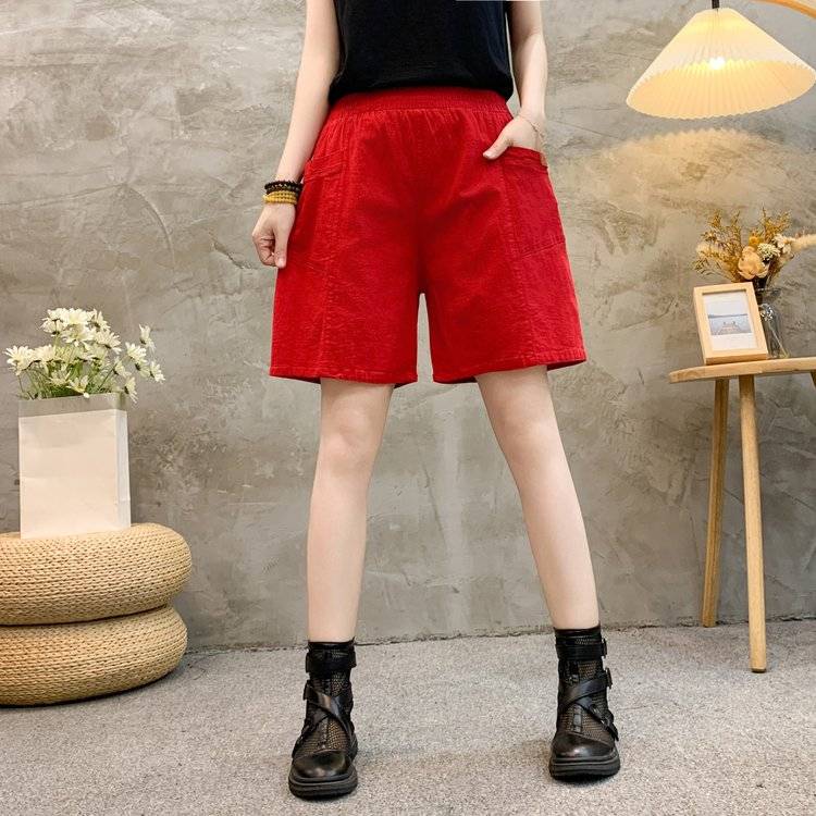 2024 Summer new cotton shorts high -waist tight waist tight waist ladies leisure pants pentae pants horse pants women's wild pants