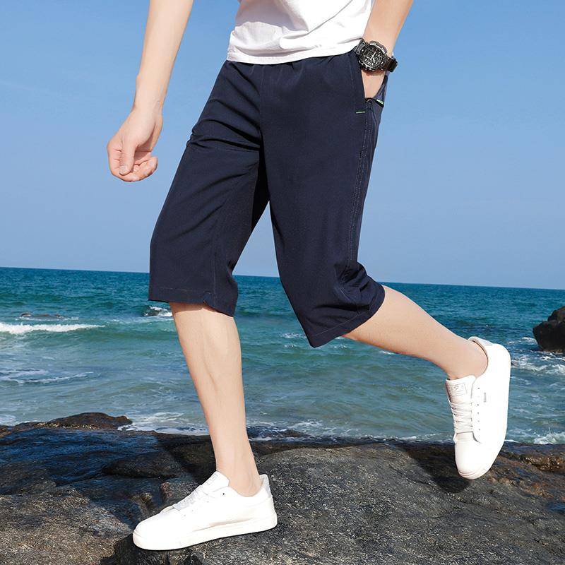 Crimson pants men's summer ice silk fast dry short pants thin loose casual sports pants wearing horse pants 7 points middle pants
