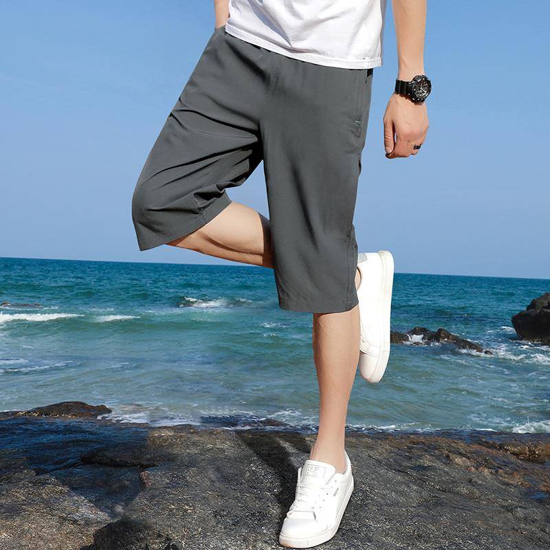 Crimson pants men's summer ice silk fast dry short pants thin loose casual sports pants wearing horse pants 7 points middle pants