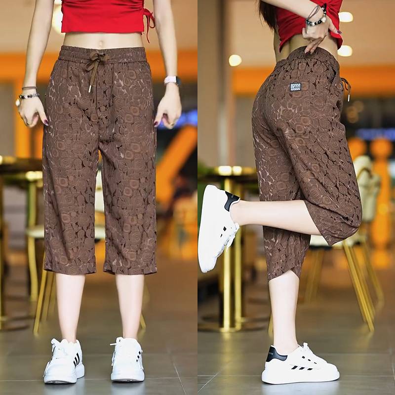 Summer thin ice silk thin seven -point casual shorts men's ethnic style full of flowers and flowers, cool, ballad horse pants