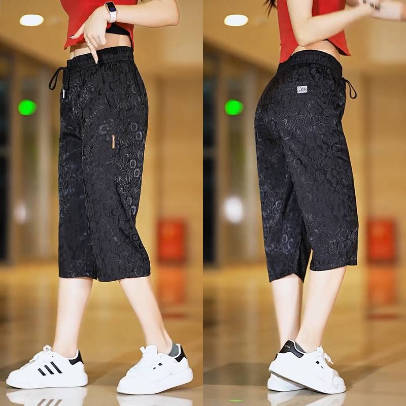 Summer thin ice silk thin seven -point casual shorts men's ethnic style full of flowers and flowers, cool, ballad horse pants