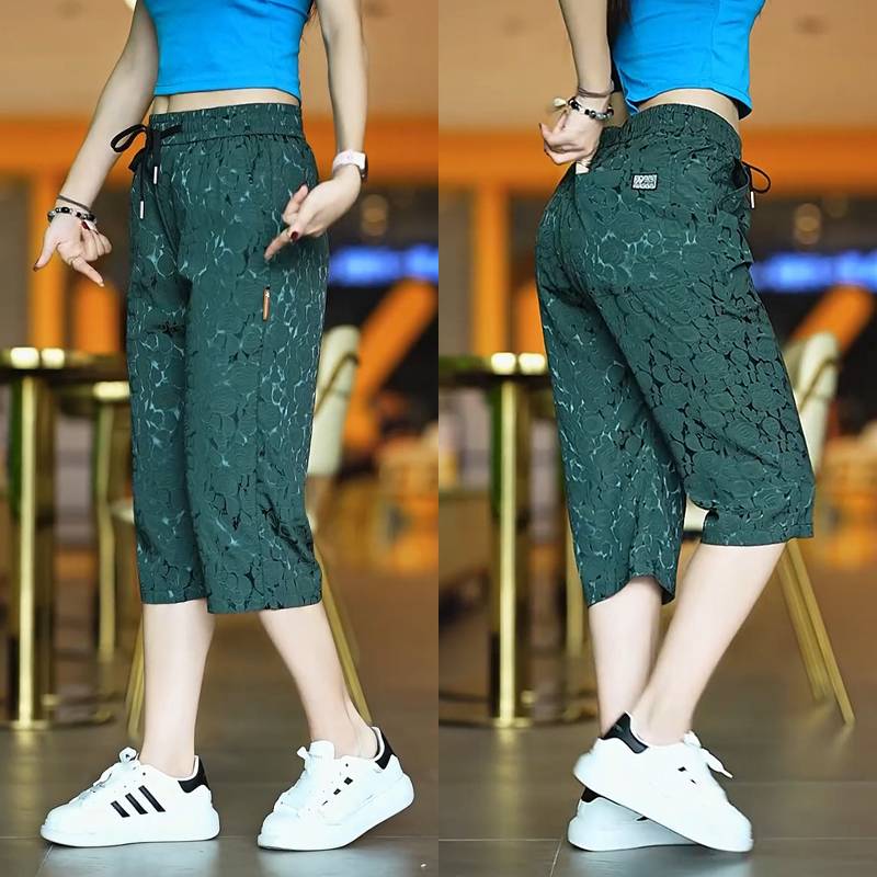 Summer thin ice silk thin seven -point casual shorts men's ethnic style full of flowers and flowers, cool, ballad horse pants