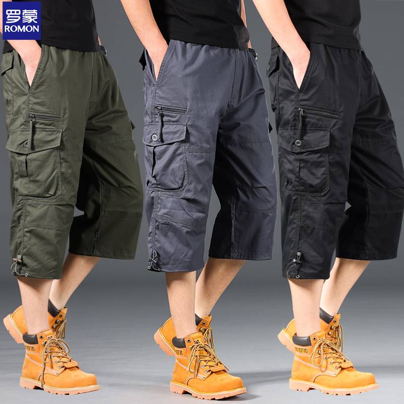 Luo Meng summer men's cropped pants dad dad pure cotton shorts middle -aged loose casual pants big pants big pants 7 points horse pants