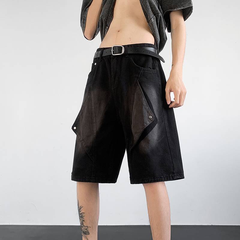 American deconstructed denim shorts men's summer tide design sense casual stitching loose versic straight straight pants pants