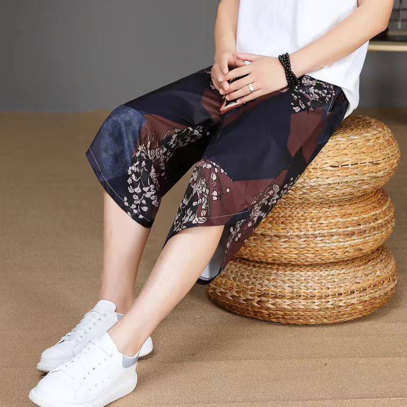 Summer new cropped pants men's breathable ice silk shorts Korean version loose large size large size Harun pants casual beach pants men