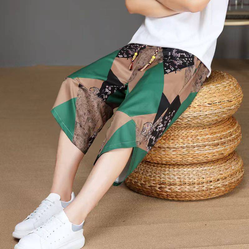 Summer new cropped pants men's breathable ice silk shorts Korean version loose large size large size Harun pants casual beach pants men