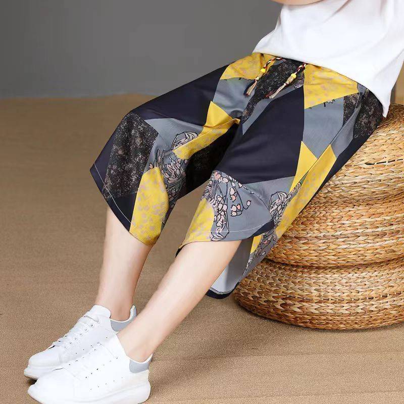 Summer new cropped pants men's breathable ice silk shorts Korean version loose large size large size Harun pants casual beach pants men