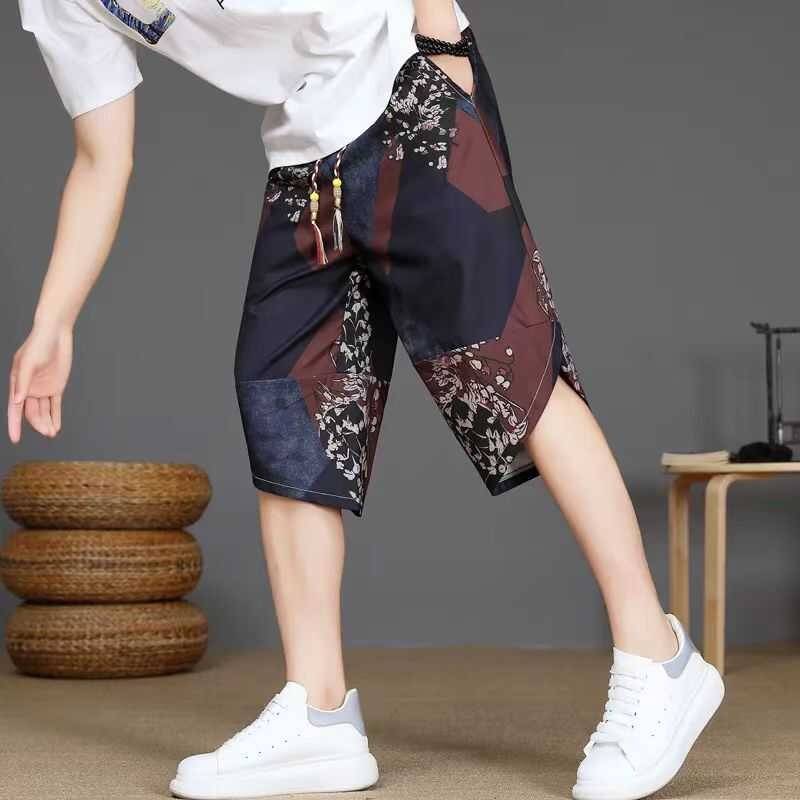 Summer new cropped pants men's breathable ice silk shorts Korean version loose large size large size Harun pants casual beach pants men