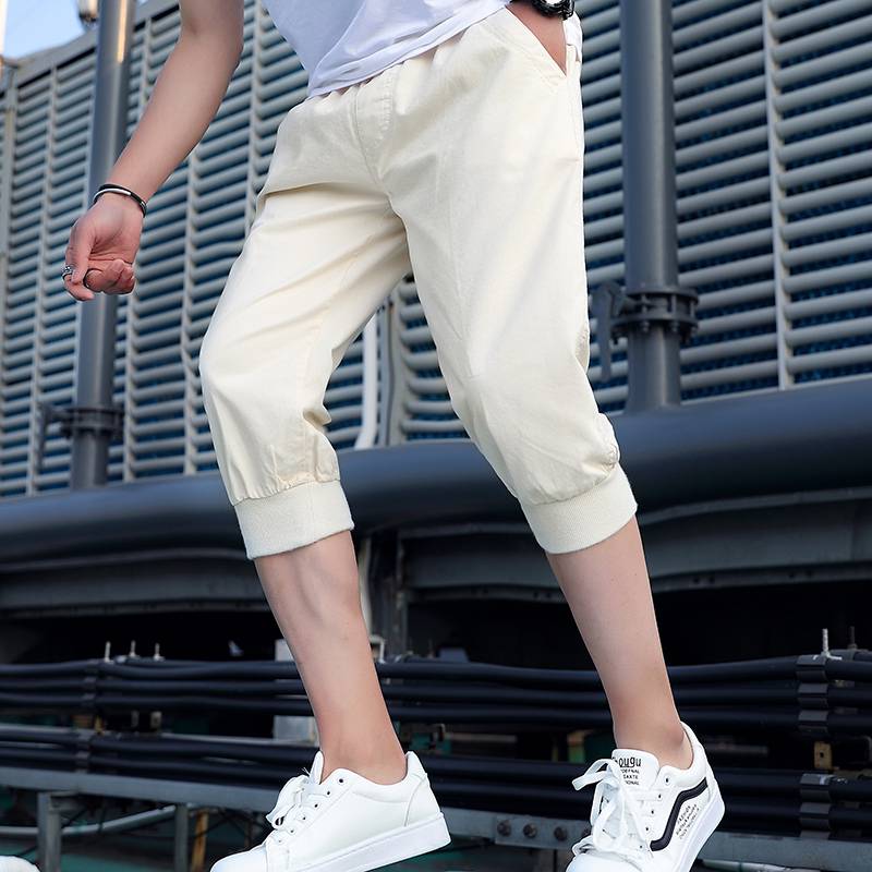 Summer loose cropped jeans Men's loose casual short pants bouquet foot pants pure cotton thin sports Haron pants and horse pants