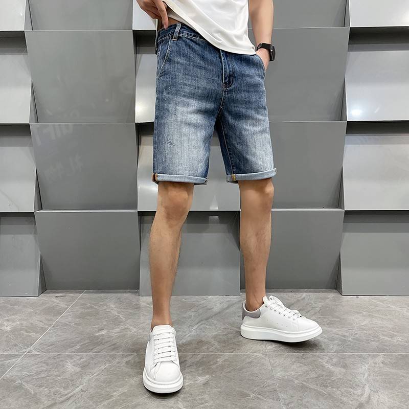 Summer denim shorts men's yellow mud dye pants small feet horse pants trend American high street five -point pants men's casual pants