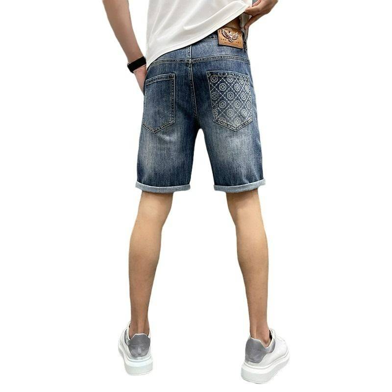 Summer denim shorts men's yellow mud dye pants small feet horse pants trend American high street five -point pants men's casual pants
