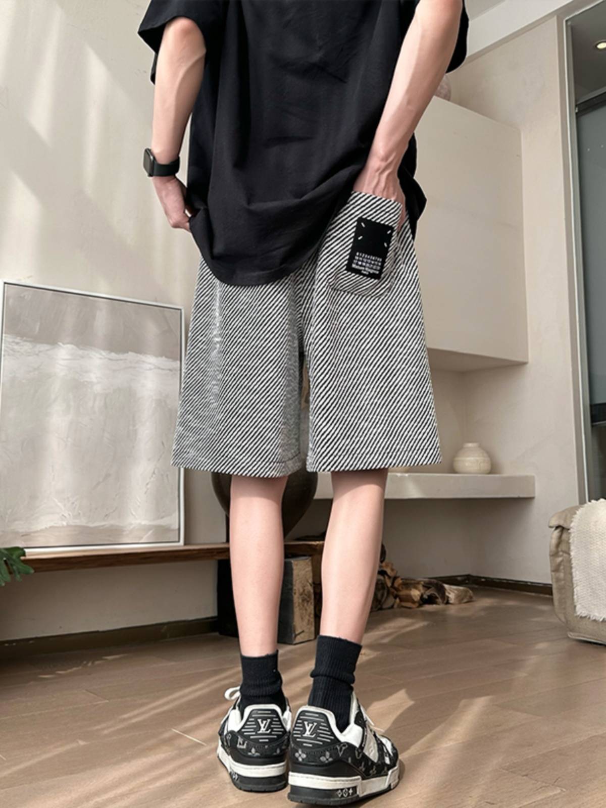 American -style striped shorts men's summer thin tide brand horse pants casual oversize pajamas home five 5 points pants