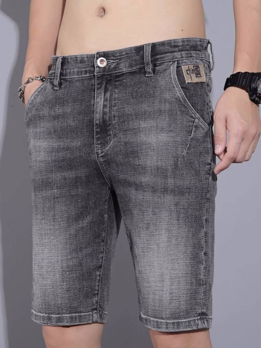 Summer denim shorts, men's thin casual wild wear resistance, size zipper elastic embroidered horses pants penta pants