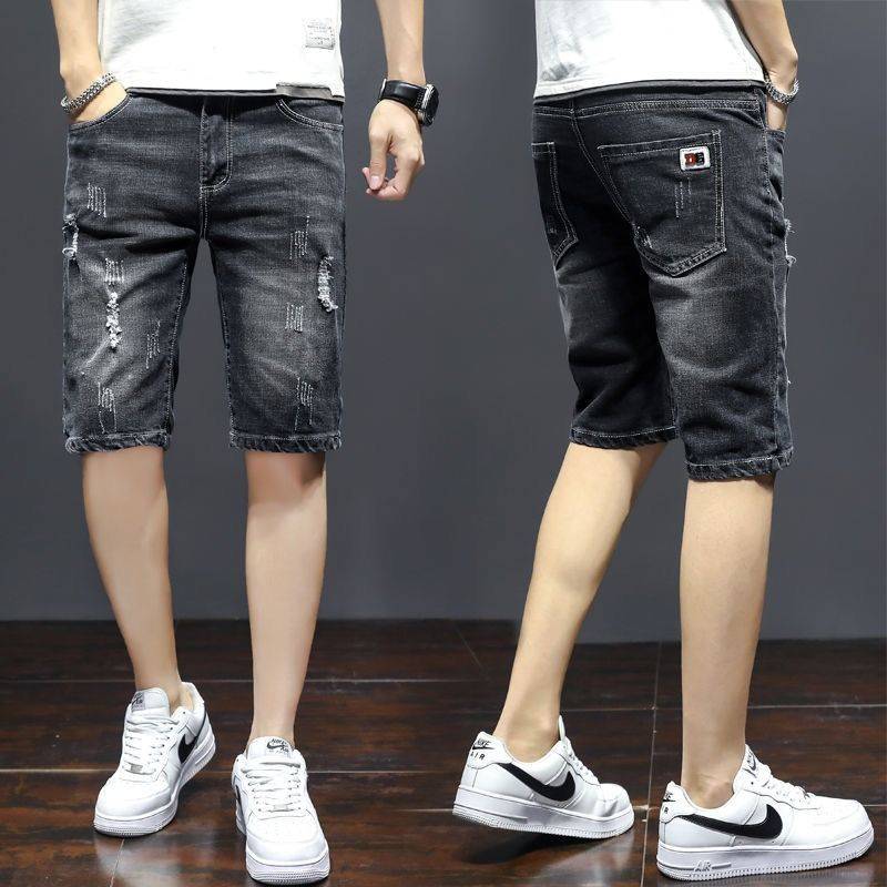 Summer thin elastic big size denim shorts, men's pornographic slim -fitting straight pants, men's leisure horse pants