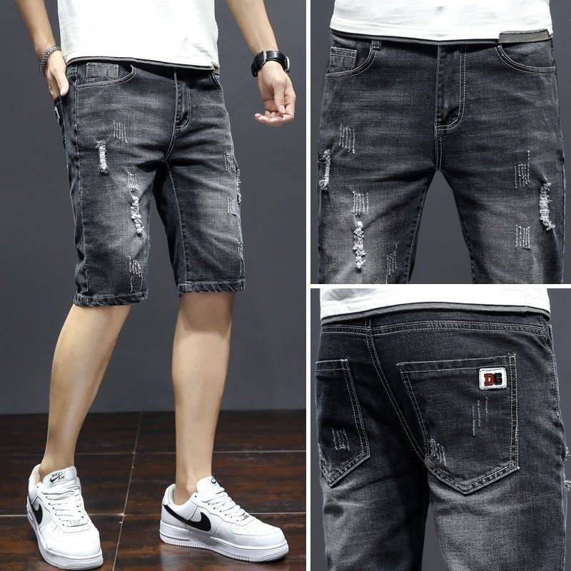 Summer thin elastic big size denim shorts, men's pornographic slim -fitting straight pants, men's leisure horse pants