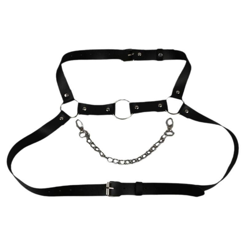 Cool, sexy guy with a laced neck and a punk corset on his shoulder with a bra and a belt on his back