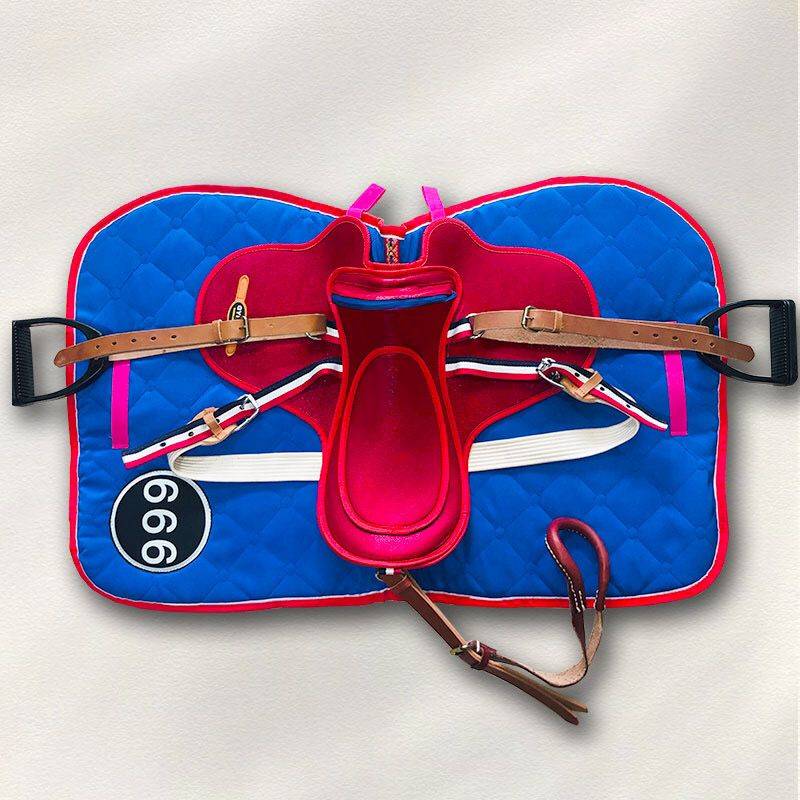 Red, blue and black saddles