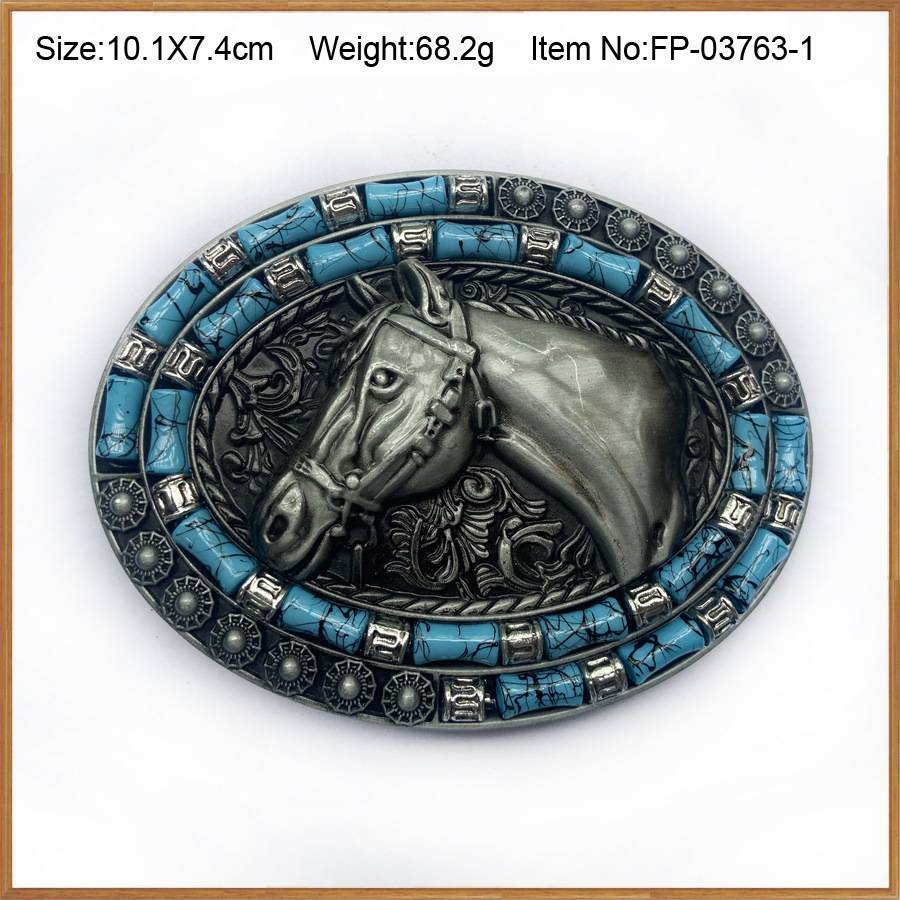 Metal belt buckle pine stone beads ethnic style retro ancient cattle horse skull men's waist band denim hat decoration smooth buckle