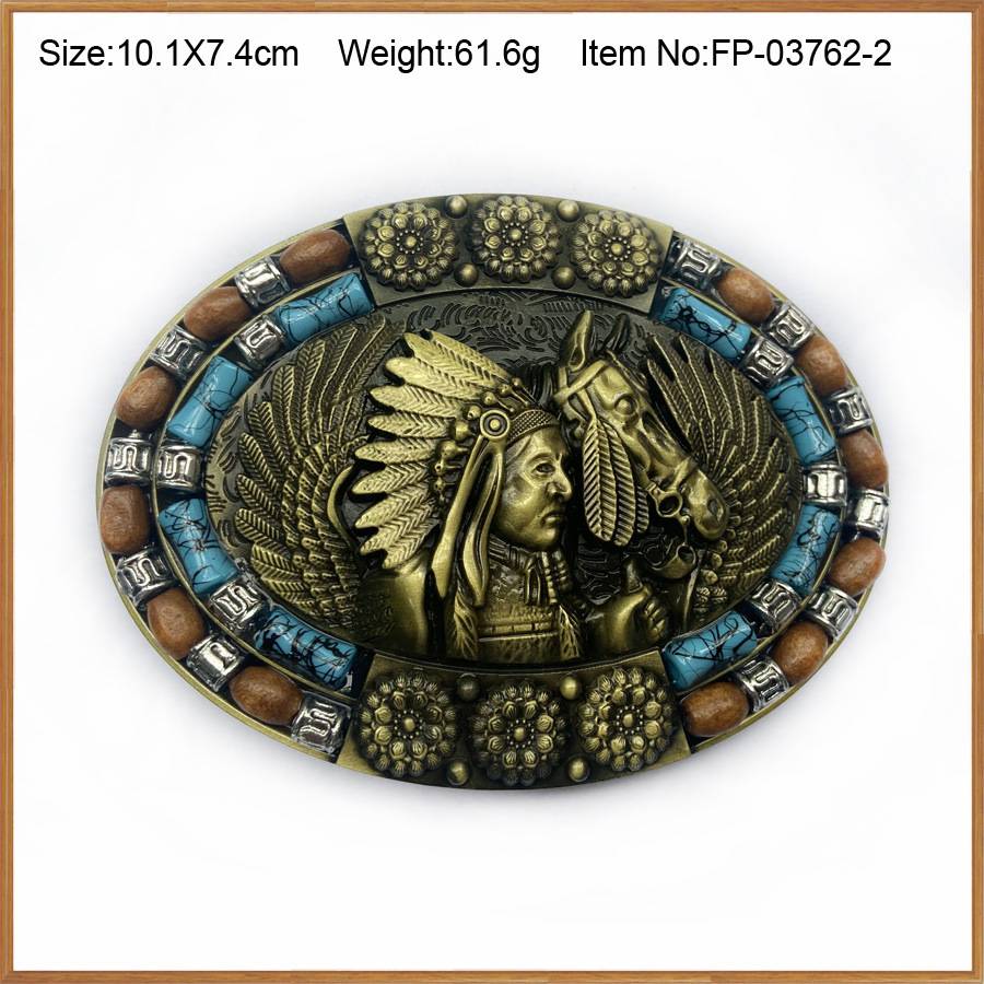 Metal belt buckle pine stone beads ethnic style retro ancient cattle horse skull men's waist band denim hat decoration smooth buckle