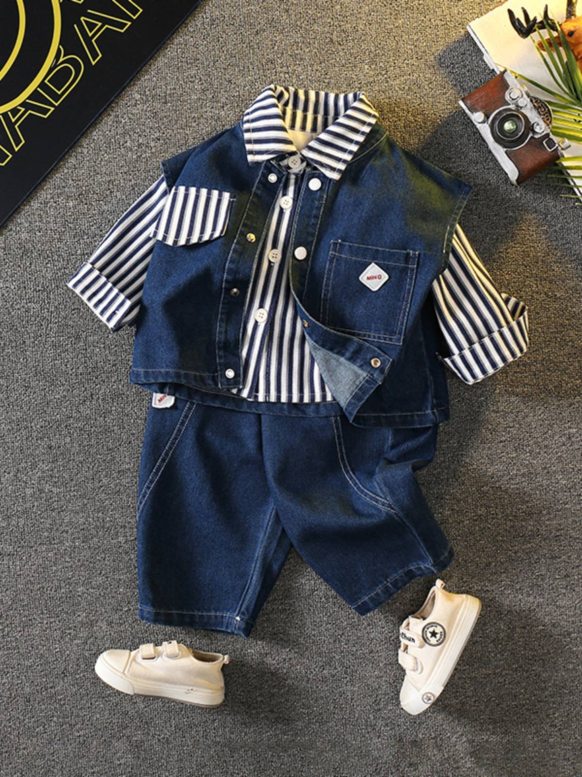 Children's clothing boys autumn clothing fashionable denim vest pants striped shirt three -piece male baby handsome frying street tide