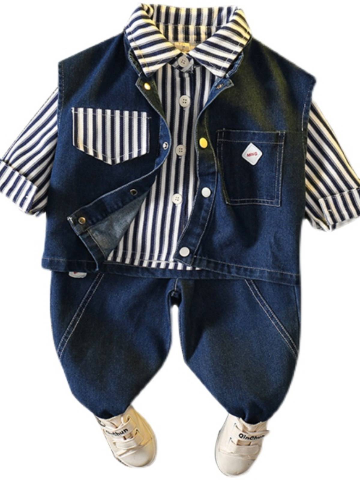Children's clothing boys autumn clothing fashionable denim vest pants striped shirt three -piece male baby handsome frying street tide