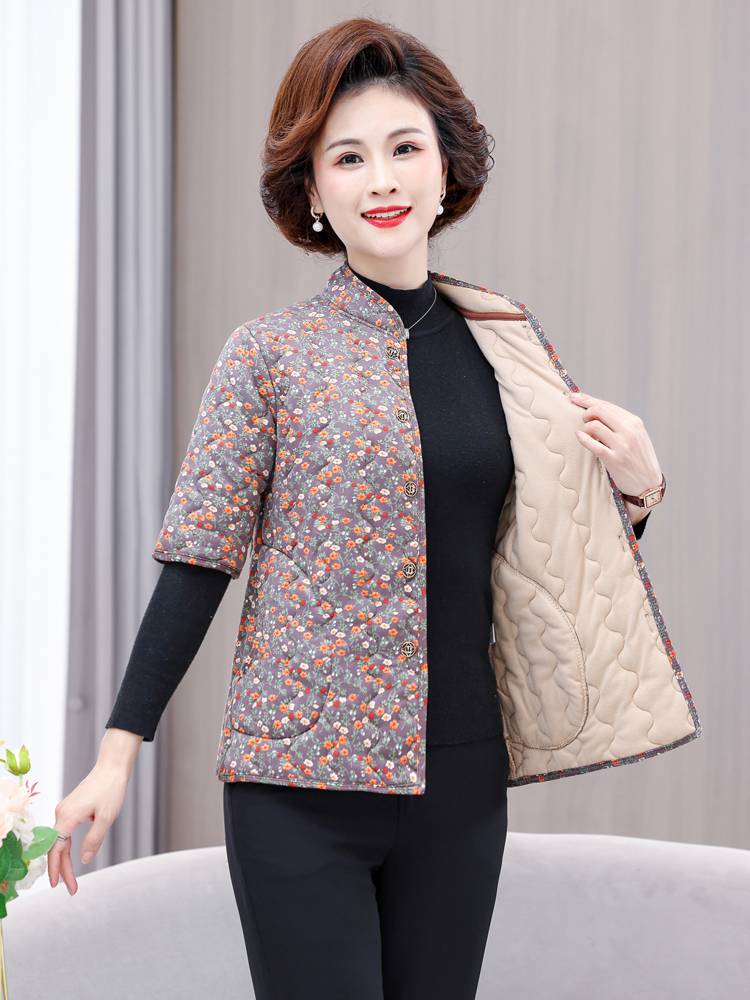 Mom in autumn and winter camel vest thickened warm inner cotton jacket middle -aged and elderly women's horses clip flower color cotton jacket