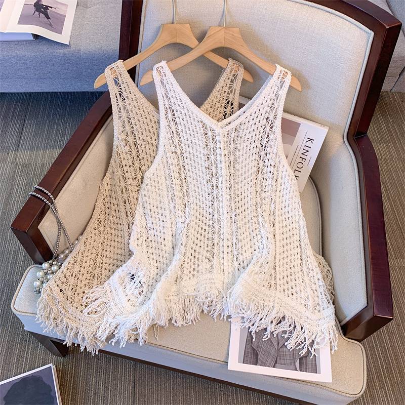 American retro hollow hook flower knit vest vest female summer wears loose and thin outer blouse sleeveless top