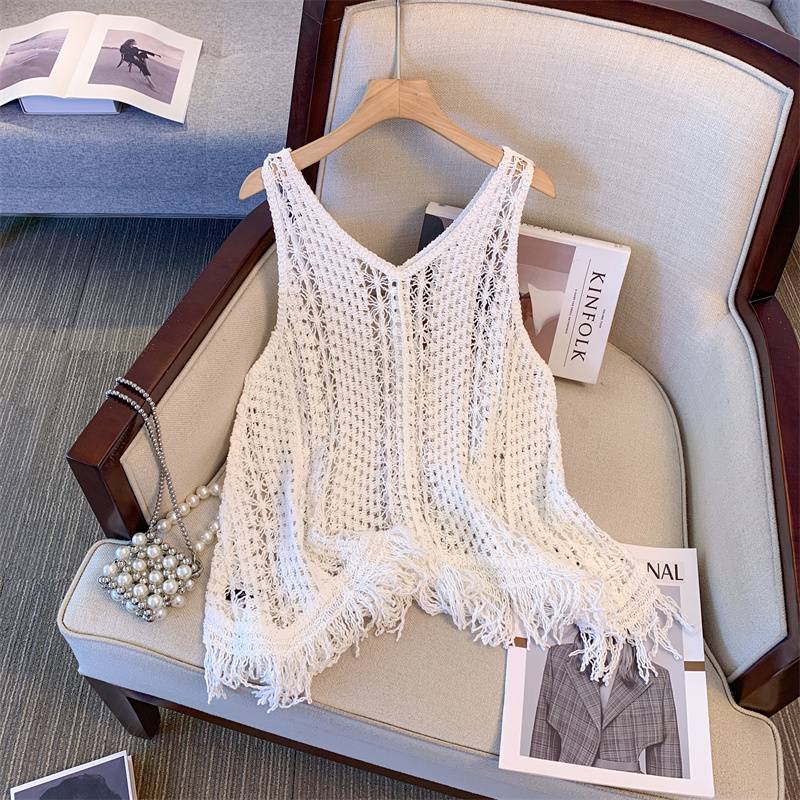 American retro hollow hook flower knit vest vest female summer wears loose and thin outer blouse sleeveless top