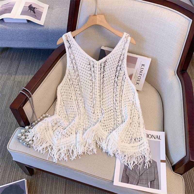 American retro hollow hook flower knit vest vest female summer wears loose and thin outer blouse sleeveless top
