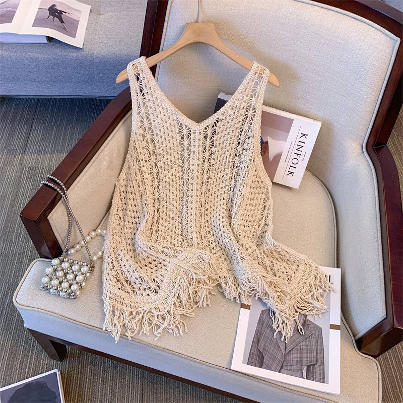 American retro hollow hook flower knit vest vest female summer wears loose and thin outer blouse sleeveless top