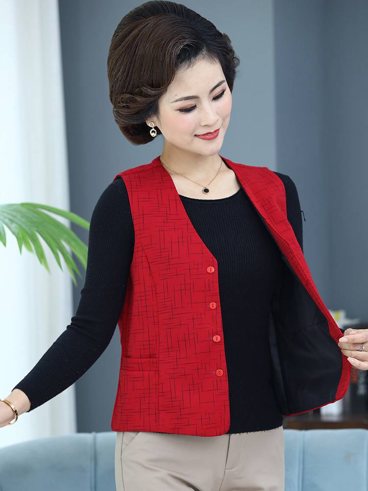 Middle -aged and elderly mother spring and autumn costume V -neck short casual vest ladies slim -fitting shoulder jacket shirt