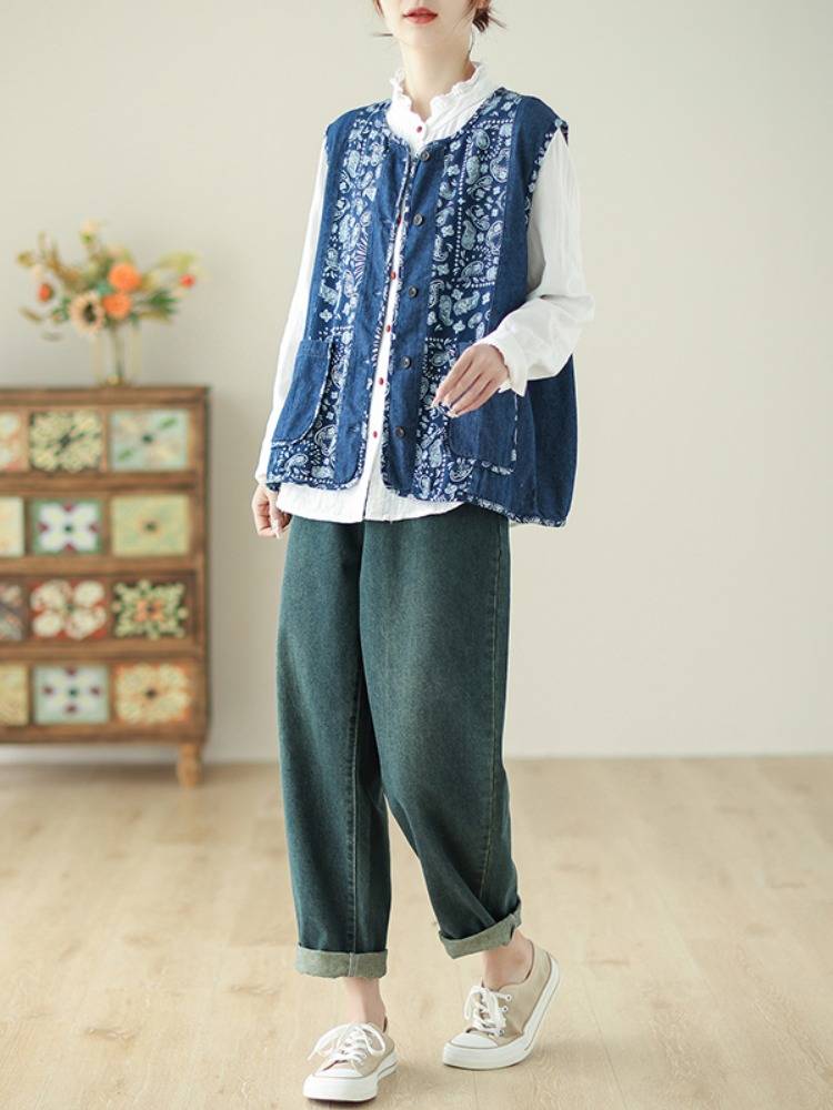 Yunnan minority wind denim vest vest female spring and summer new sleeveless outside shirt shirt top jacket thin