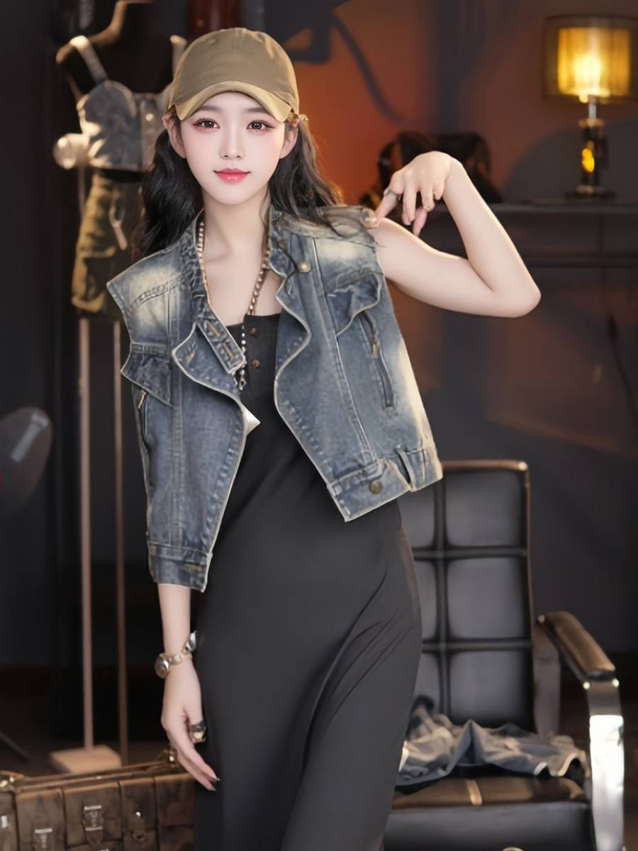 Cowboy vest female summer American retro sleeve -frying shoulder vest, horseshop car cars, handsome short jacket, jacket