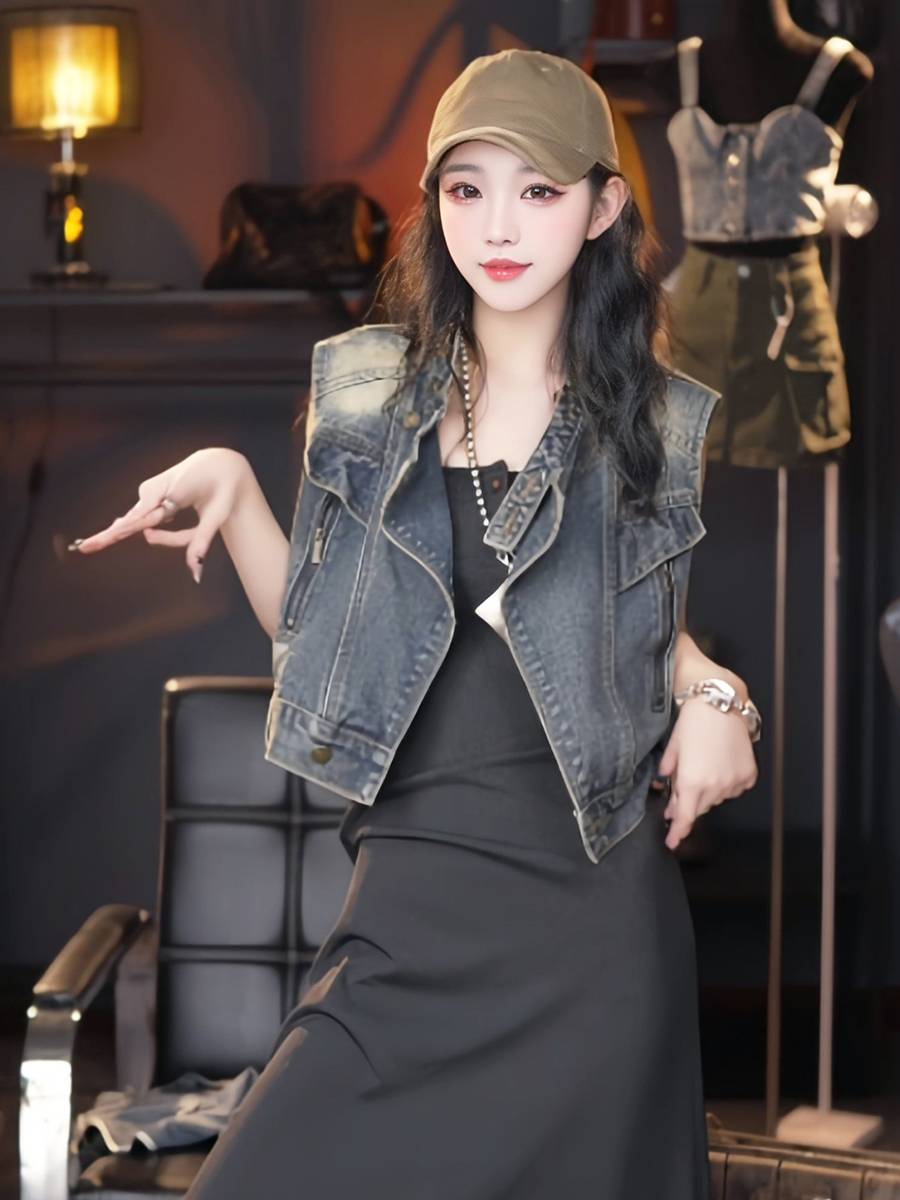 Cowboy vest female summer American retro sleeve -frying shoulder vest, horseshop car cars, handsome short jacket, jacket