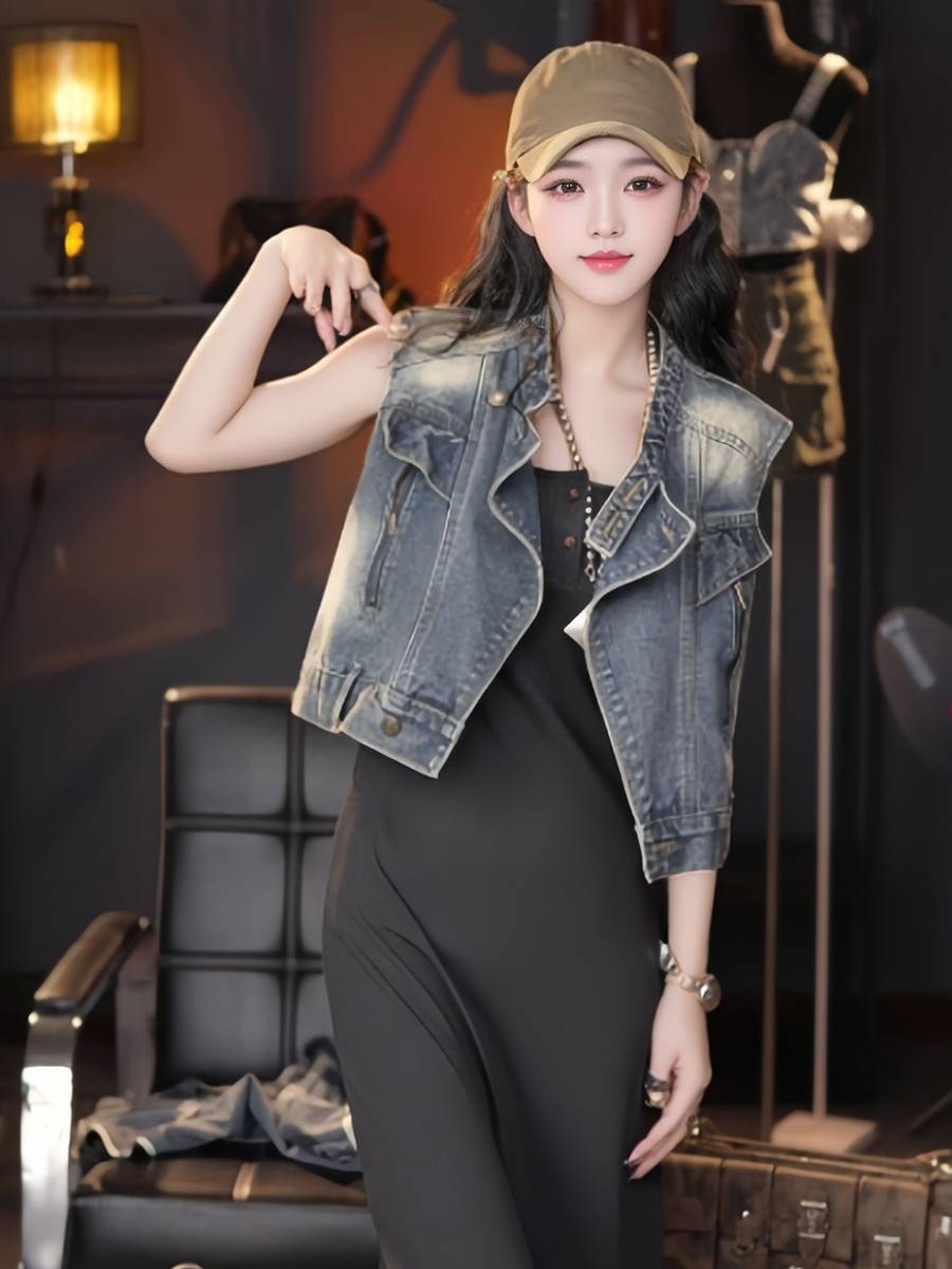 Cowboy vest female summer American retro sleeve -frying shoulder vest, horseshop car cars, handsome short jacket, jacket