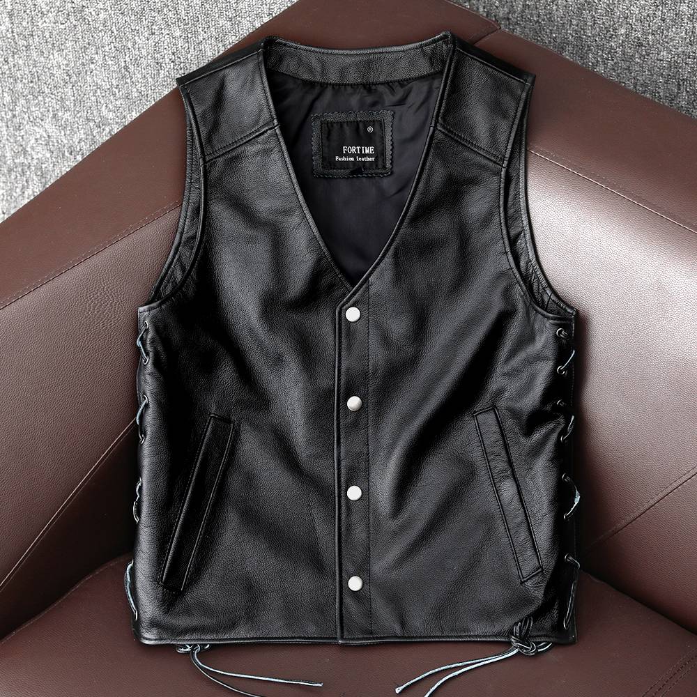 Harley locomotive vest pure head layer cowhide leather leather leather clothes men's short ride vest back skull reflection