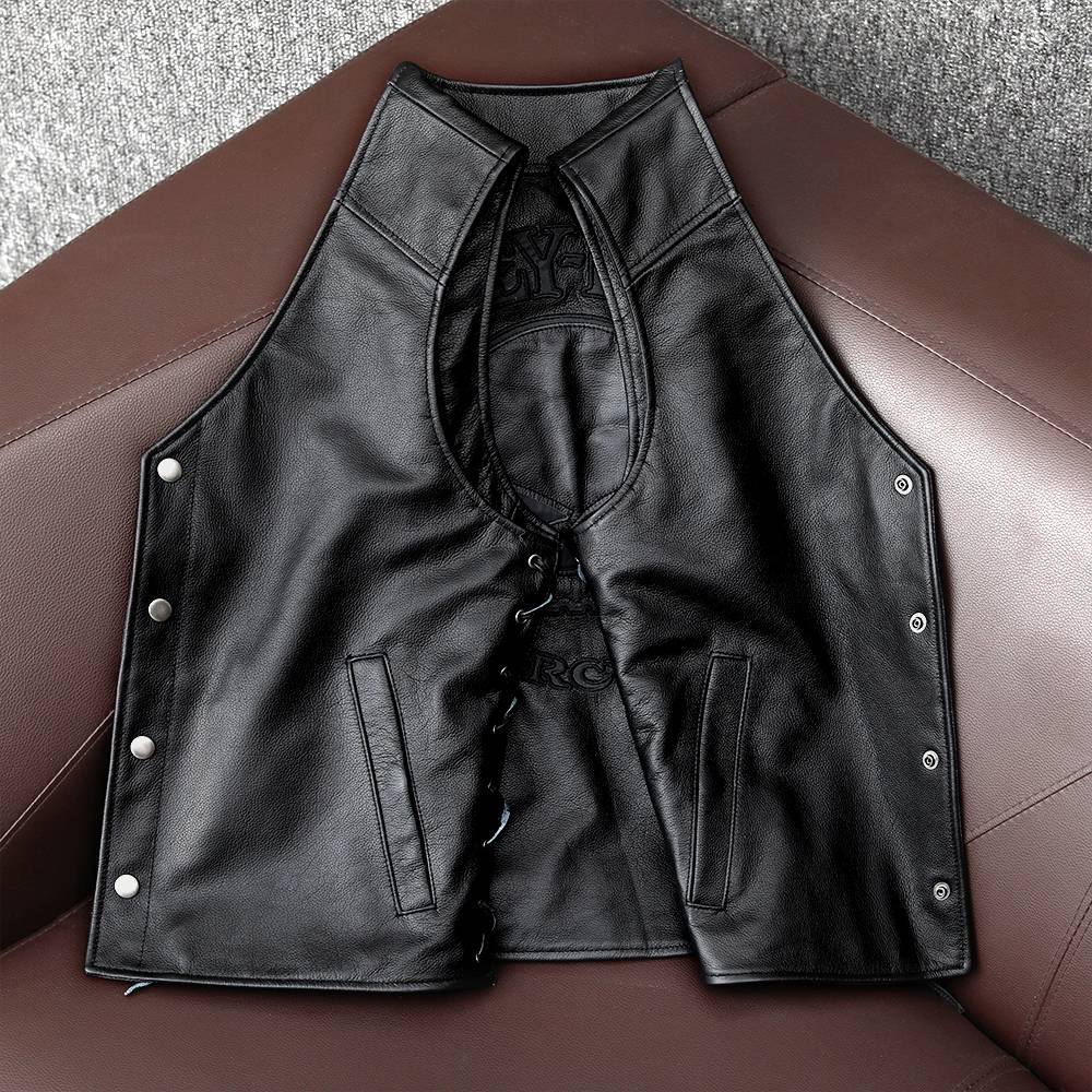 Harley locomotive vest pure head layer cowhide leather leather leather clothes men's short ride vest back skull reflection