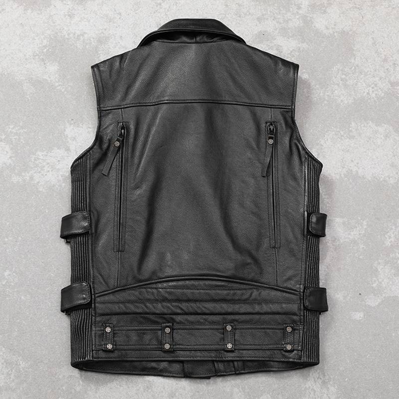 Harley locomotive vest head layer cowhide riding service pure leather shoulder trend trend multi -zipper motorcycle service European and American vests