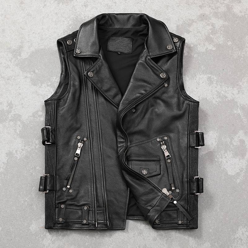 Harley locomotive vest head layer cowhide riding service pure leather shoulder trend trend multi -zipper motorcycle service European and American vests