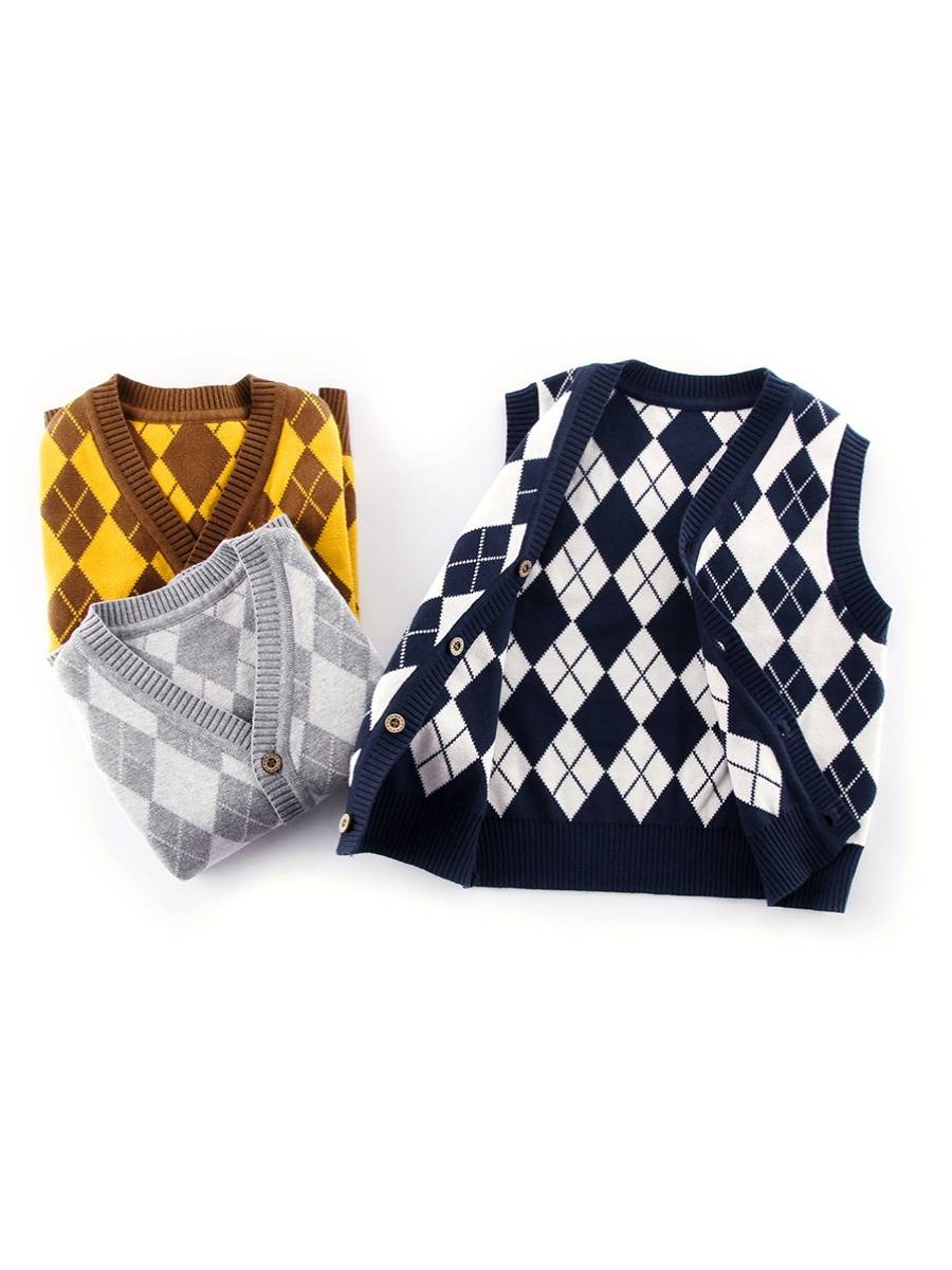 Outlets brand discount mid-girl boys vest V-neck rhombus cardigan vest knit sweater 90-170