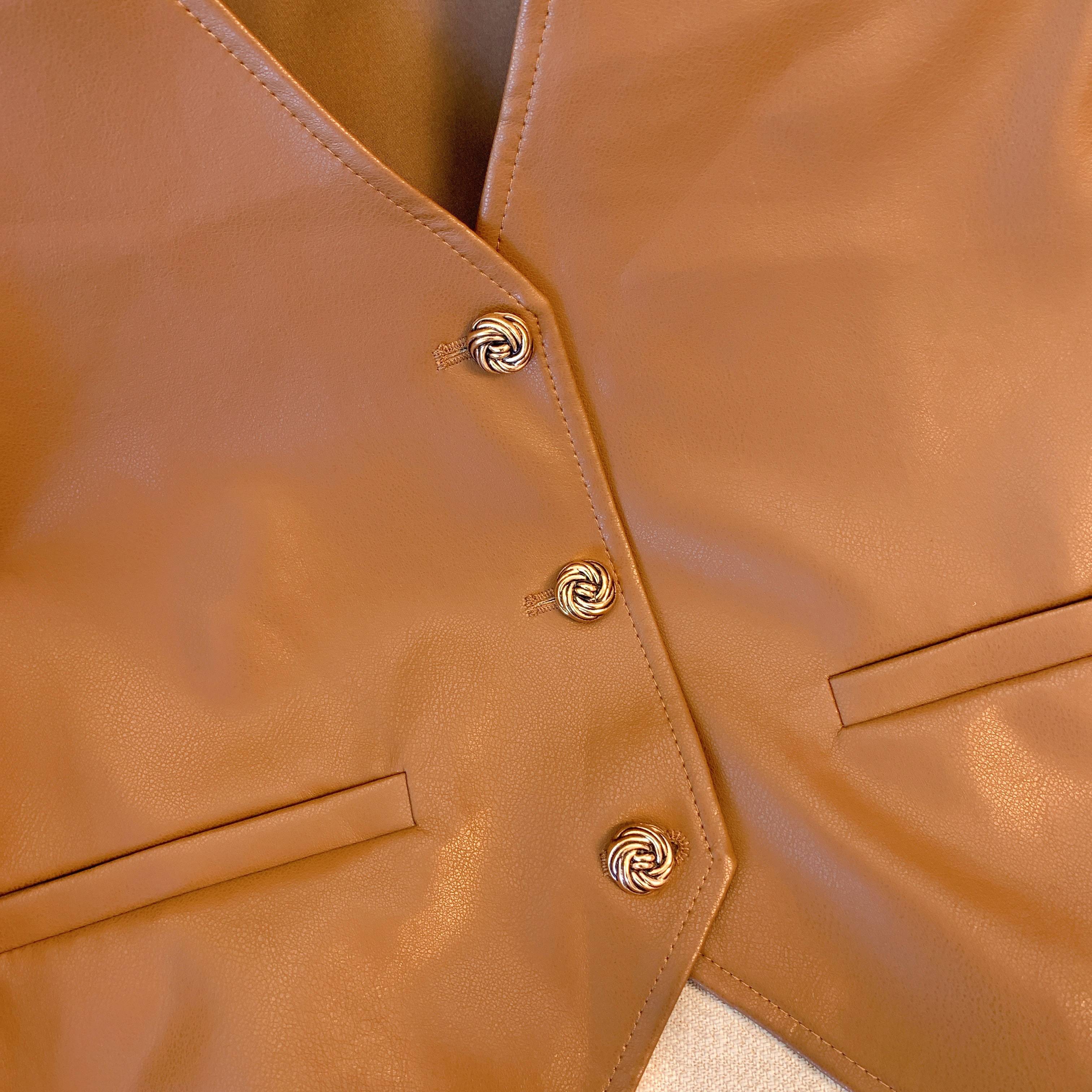 Export -end single -name cutting label women's genuine 2024 spring and summer PU leather vest vest jacket Kan shoulder top