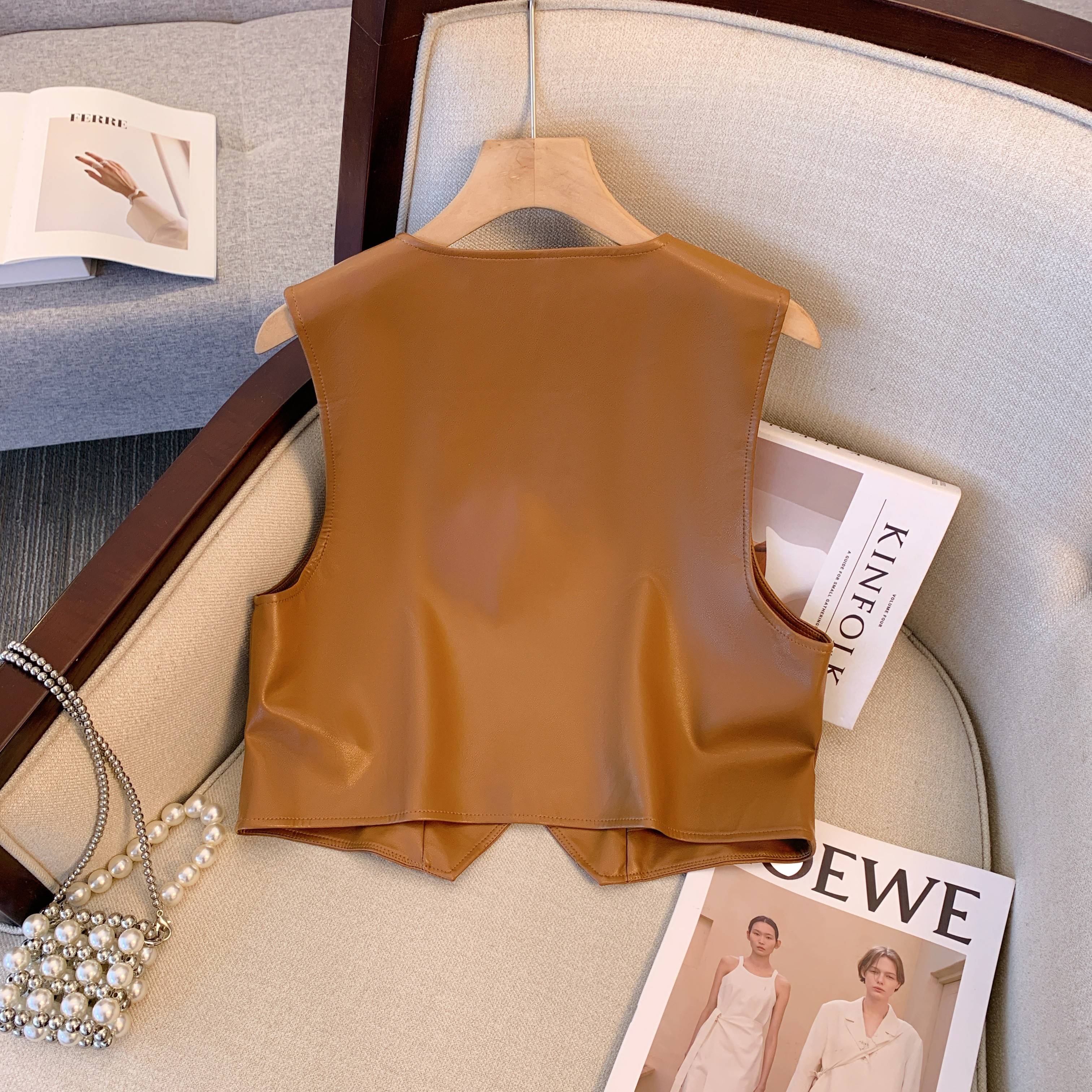 Export -end single -name cutting label women's genuine 2024 spring and summer PU leather vest vest jacket Kan shoulder top