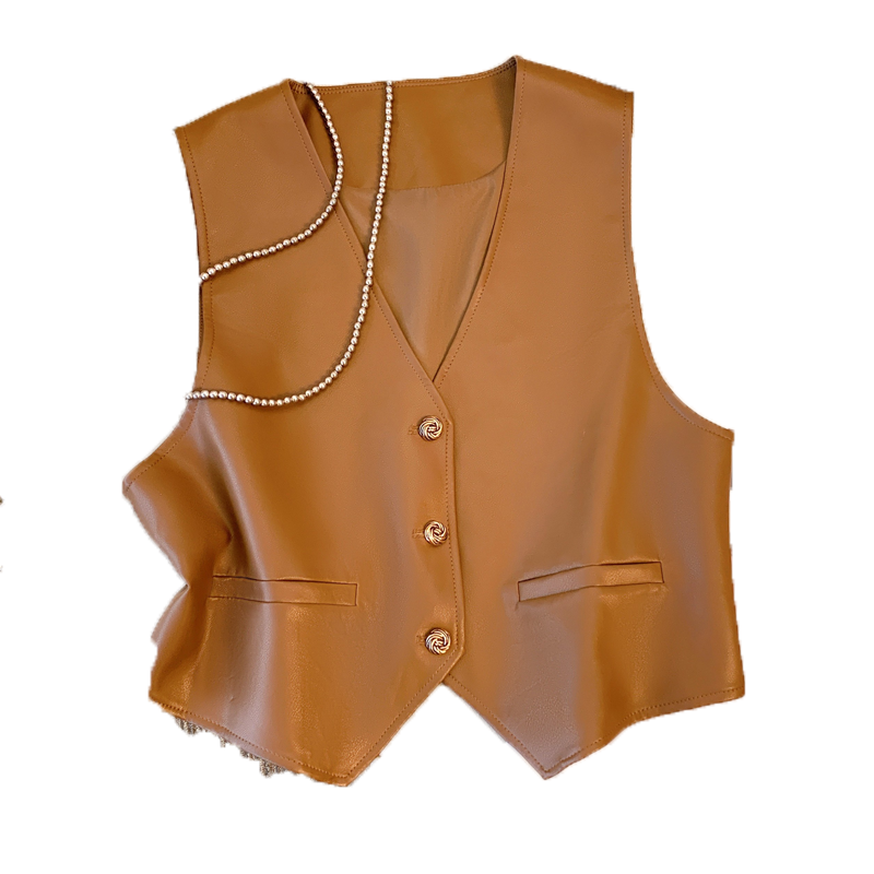 Export -end single -name cutting label women's genuine 2024 spring and summer PU leather vest vest jacket Kan shoulder top
