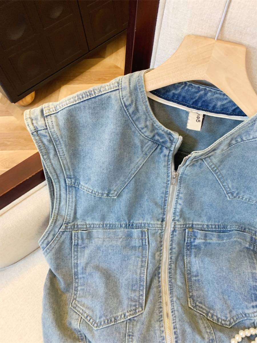 Tan Nanfeng denim vest women's summer design sense niche zipper sleeveless jacket Hong Kong flavor makes old shoulder small tops