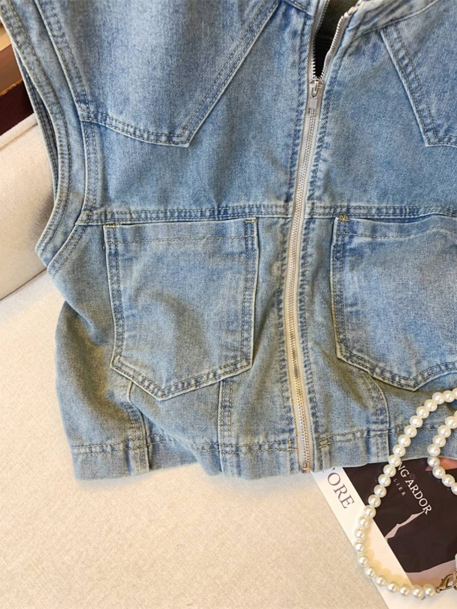 Tan Nanfeng denim vest women's summer design sense niche zipper sleeveless jacket Hong Kong flavor makes old shoulder small tops