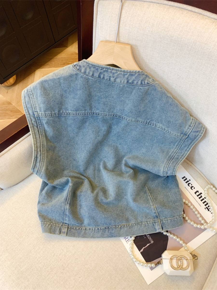 Tan Nanfeng denim vest women's summer design sense niche zipper sleeveless jacket Hong Kong flavor makes old shoulder small tops